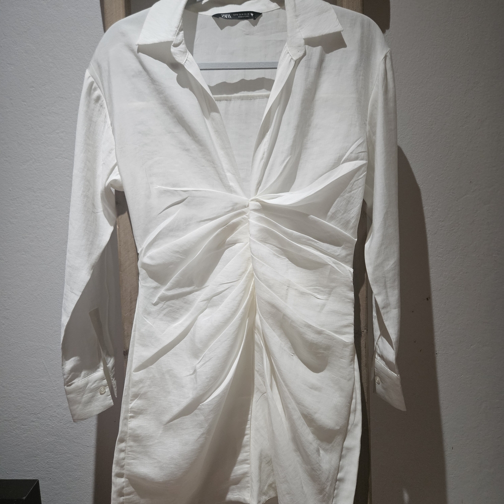 Zara White Ruched Shirt Dress